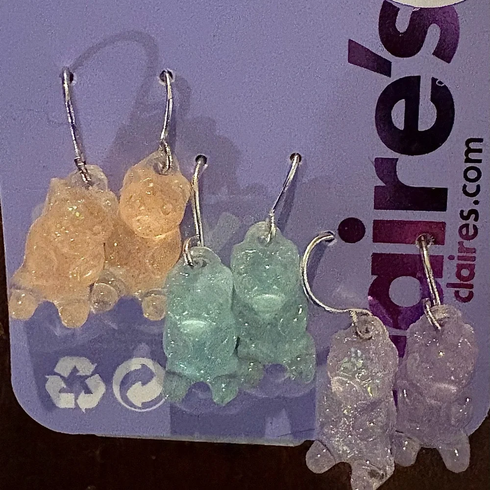 NWT, Glow in the Dark Pastel Gummy Bear Dangle Earrings, 3 Pairs